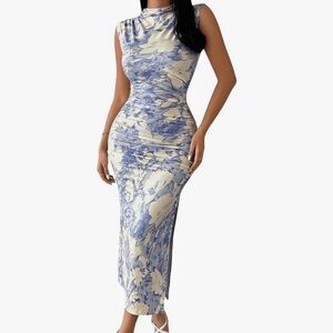 Floral Blue and Cream Midi Dress